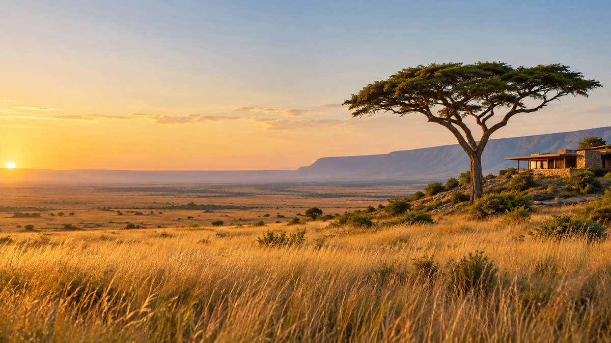 A scenic landscape photograph of an African savanna at sunset, featuring a golden acacia tree, a small lodge, distant mountains, and a warm orange and blue sky.
