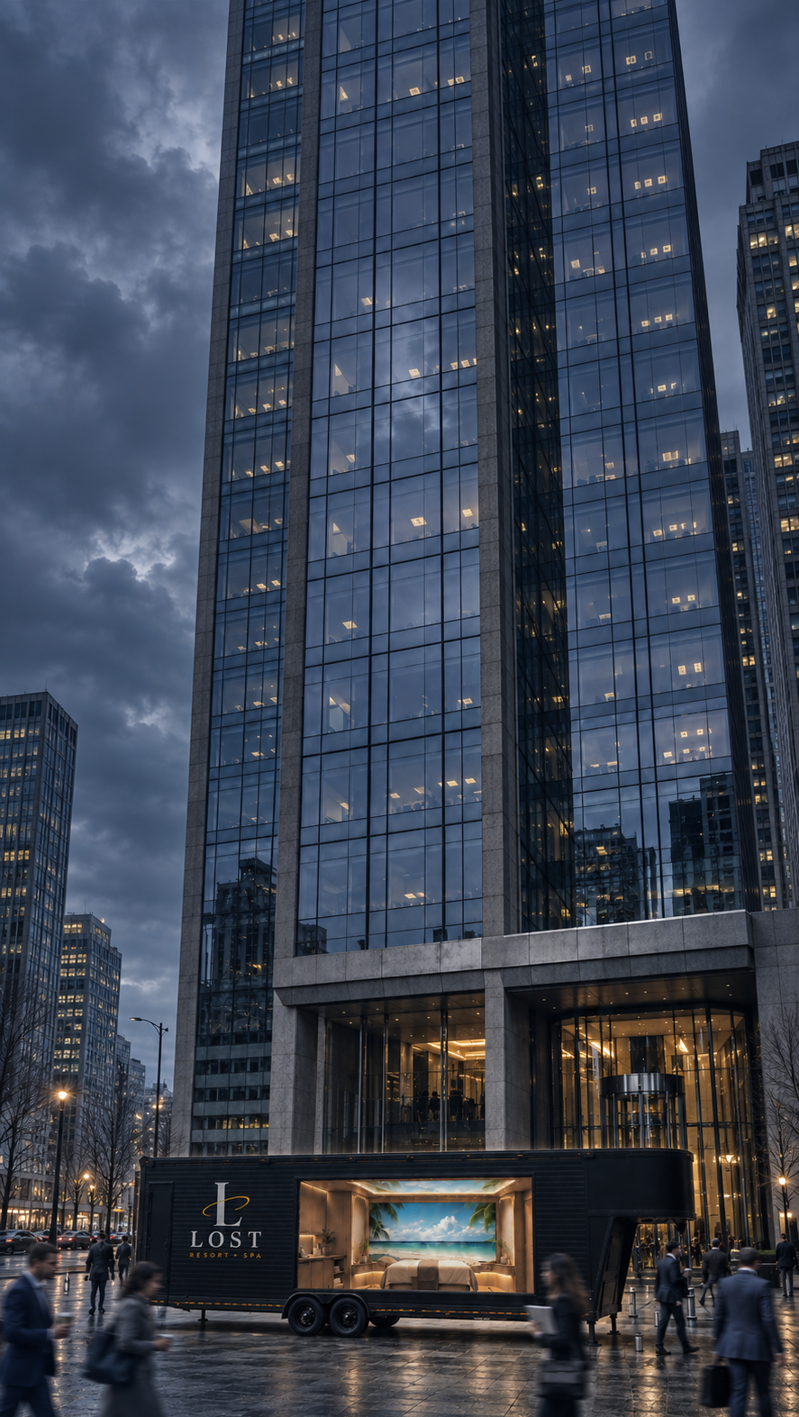 A tall glass skyscraper dominates an urban street scene at dusk, with pedestrians walking in front and a black mobile cinema trailer parked at the base. The trailer has a lit screen and the word 'LOST' visible on the side.