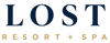 The logo for Lost Resort + Spa, featuring the word 'LOST' in a dark navy blue serif font, with 'RESORT + SPA' written below in a smaller gold serif font, centered on a white background with a faint grid pattern.