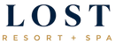 The logo for Lost Resort + Spa, featuring the word 'LOST' in a dark navy blue serif font, with 'RESORT + SPA' written below in a smaller gold serif font, centered on a white background with a faint grid pattern.